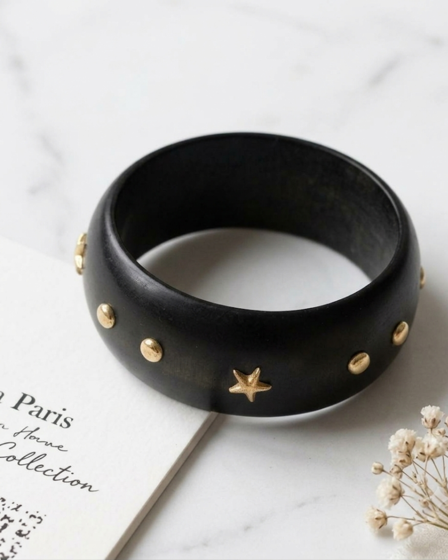 Statement Wooden Bangle - Black